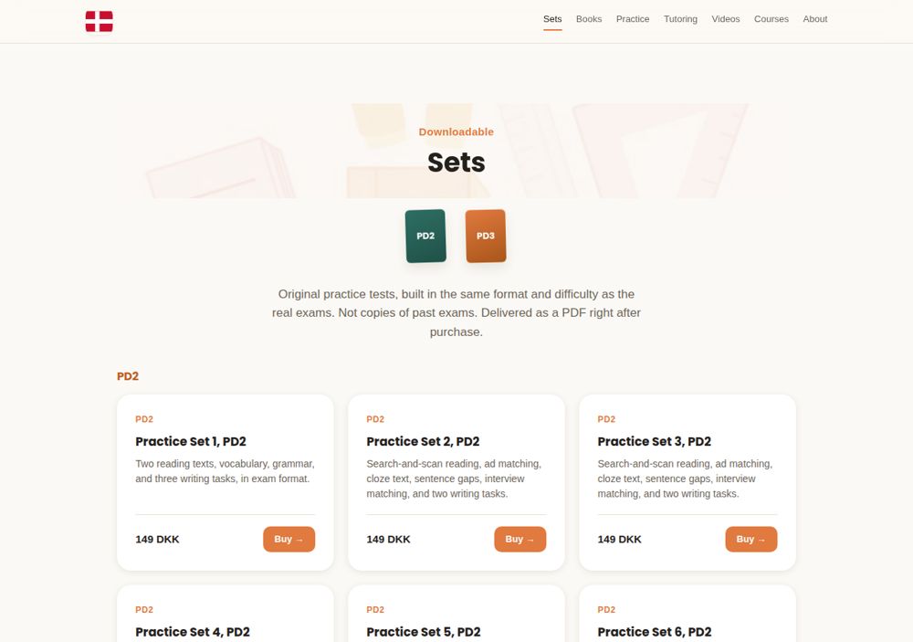 The practice sets page on learndanishwithisaac.dk
